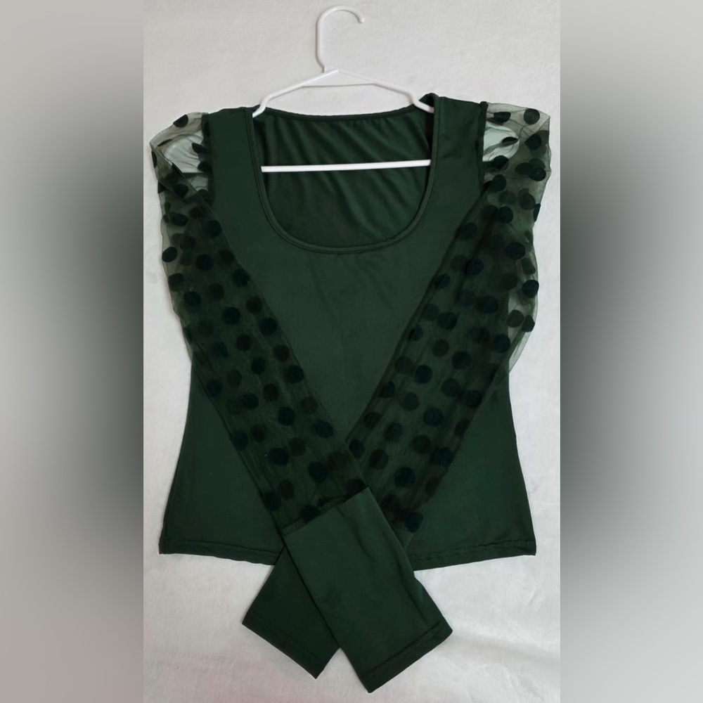 SHEIN Dark Green Blouse with Sheer Polka Dot Sleeves